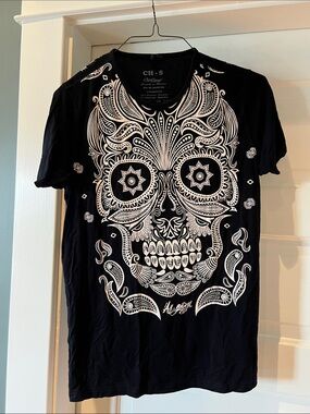 Ay Guey Black Short Sleeve Tee with White Sugar Skull Graphic